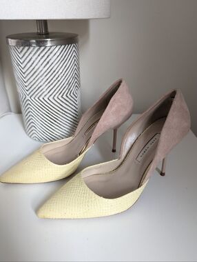 Zara Two Tone Heels in Tan Suede & Yellow Leather | Size 6